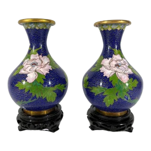 1980's Blue Cloisonné Vases With Pink Peonies and Cherry Blossoms , a Pair, Boxed, Wood Stands