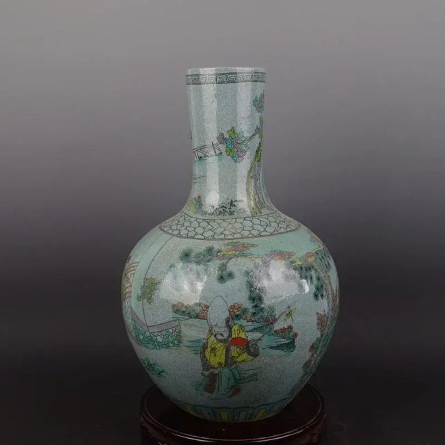 Antique White Chinese Vintage Porcelain Vase Qing Dynasty Qianlong Marked Crackle Glaze Famille Verte Porcelain Tianqiu Vase Hand Painted Figures Pattern For Sale - Image 8 of 8
