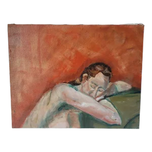 1990s Portrait Nude Woman Sleeping Oil Painting by Rosemary Rabut