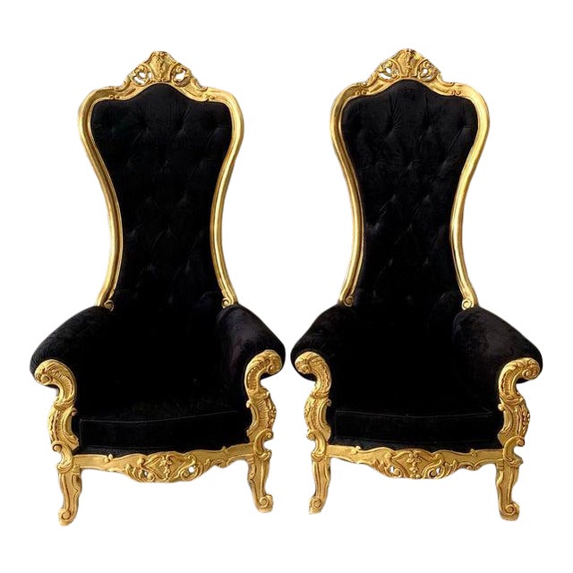 New Custom Made Black Velvet Baroque Style Tufted Throne Chairs a Pair