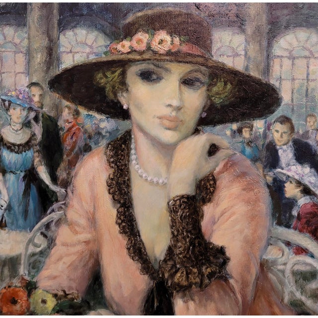 Francois Batet -Elegant Woman W/ Hat at the Maxim De Paris-Oil Painting For Sale - Image 4 of 11