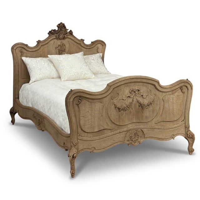 Antique Louis XV Style Stripped Oak Hand-Carved Bed For Sale - Image 17 of 17