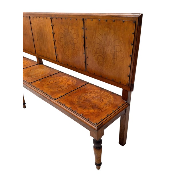 Stunning and elegant extra large Art Nouveau hall bench. Striking Dutch design from the 1900s. Original elm and beech base...