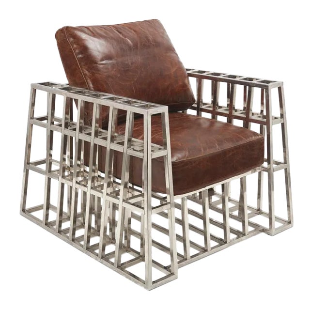 Andrew Martin Cage Club Chair -Brown Leather & Crome Metal For Sale