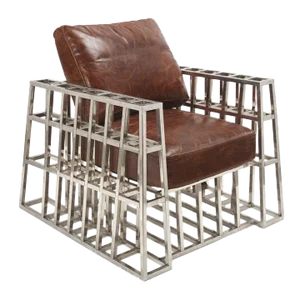 Andrew Martin Cage Club Chair -Brown Leather & Crome Metal