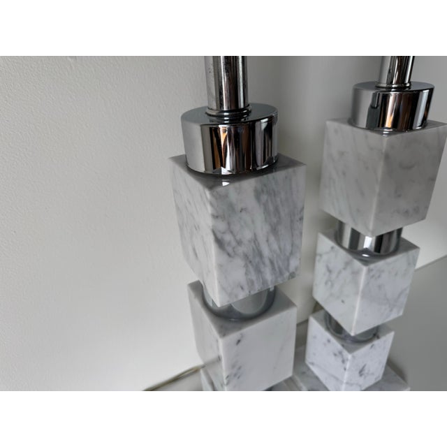Metal Pair of Vintage Italian Stacked Marble & Chrome Table Lamps For Sale - Image 7 of 12