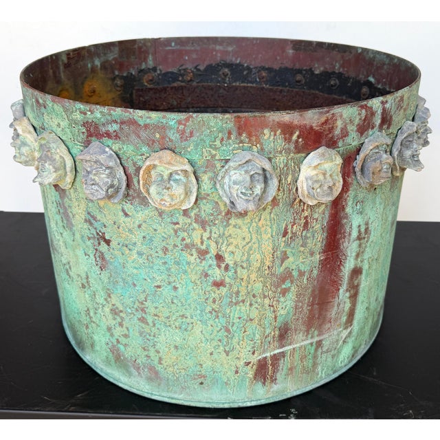 Early 20th Century Pair Gothic Revival Verdigris Copper Planters Applied Medieval Heads, circa 1900 For Sale - Image 5 of 18