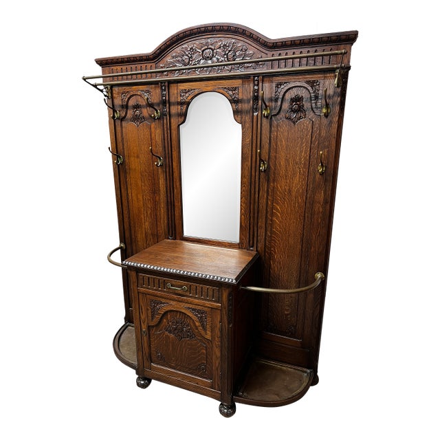 Antique Victorian Carved Oak Hall Tree With Mirror, Brass Hooks & Umbrella Stands For Sale