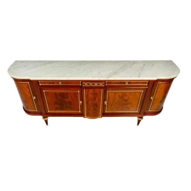 Large French Louis XVI Style Demilune Enfilade Sideboard Buffet, Marble Top For Sale - Image 4 of 9