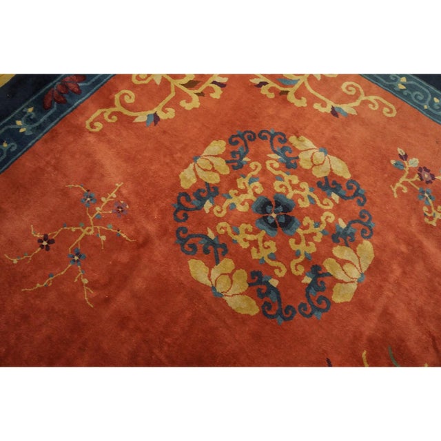 1920s 1920s Burnt Orange Field Floral Deco Oriental Antique Chinese Peking Knotted Rug For Sale - Image 5 of 10