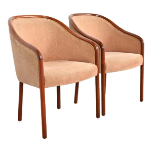 Ward Bennett for Brickel Associates Landmark Sculpted Ash Upholstered Tub Chairs, Pair