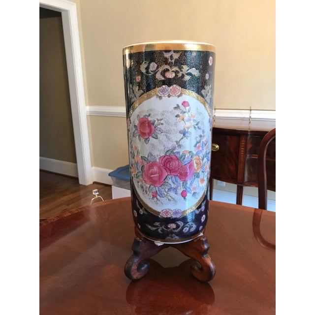 Vintage 1980s Porcelain Flora Umbrella Stand in Cobalt Blue With Multi Colors and Textured Gold Accents For Sale In Atlanta - Image 6 of 6