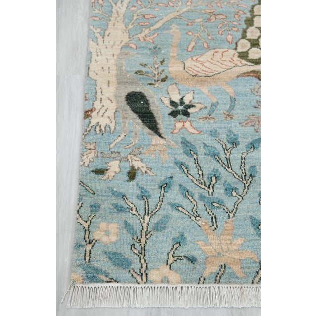 Persian 2.6x6ft. Light Blue Peacock Bird Garden Hand Knotted Wool Rug For Sale - Image 3 of 3