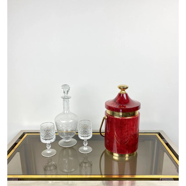 1960s Red Goatskin & Brass Ice Bucket by Aldo Tura, Italy, 1960s For Sale - Image 5 of 13