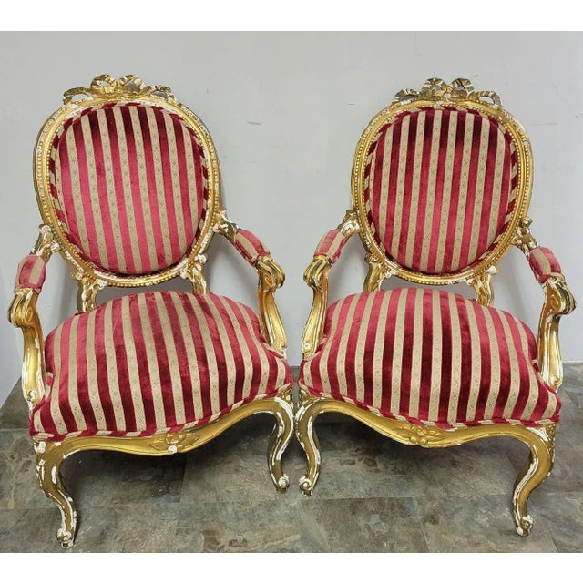 Baroque Antique French Striped Baroque Carved Giltwood Chairs and Sofa Set - Project For Sale - Image 3 of 12