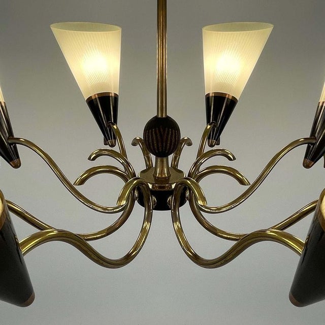 Scandinavian Opaline Glass and Brass Chandelier, 1950s For Sale - Image 12 of 17