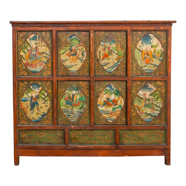 Early 19th Century Tibetan Green & Orange Painted Cabinet For Sale