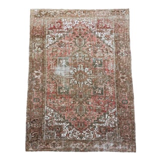 Vintage Faded Heriz Rug – Traditional Persian Design in Muted Red, Ivory & Brown For Sale