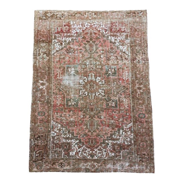 Vintage Faded Heriz Rug – Traditional Persian Design in Muted Red, Ivory & Brown For Sale