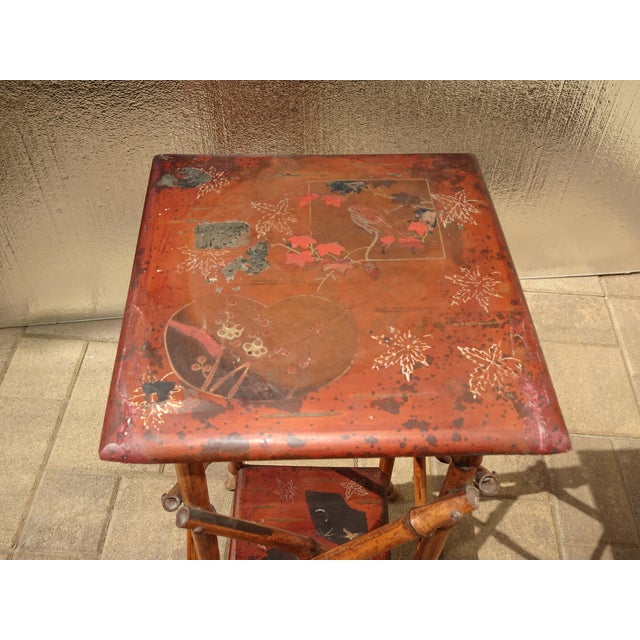 Vintage Chinese Asian Bamboo Side Table Plant Stand Red Chinoiserie Top For Sale - Image 10 of 15