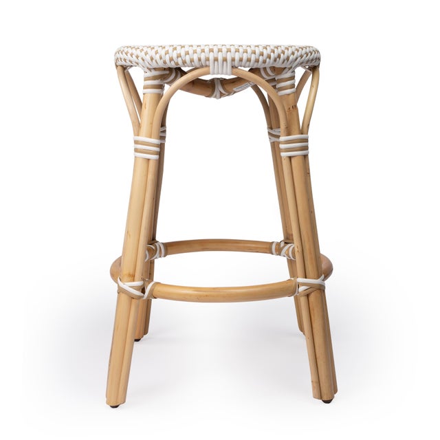2020s Tobias 24 in. Seat Height Round Rattan Backless Counter Stool, White/Tan Dot / Natural Rattan Frame For Sale - Image 5 of 9
