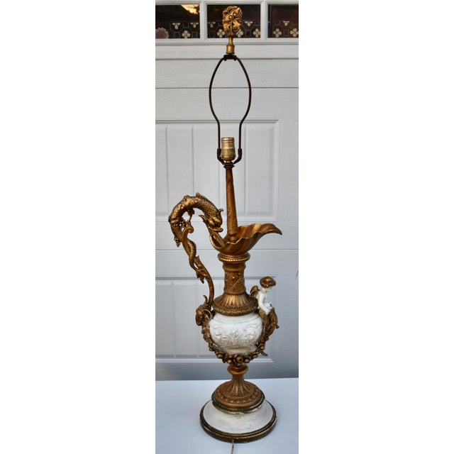Antique Gilded Metal Lamp Renaissance Style Ornate Ewer Designed Figural Details For Sale - Image 17 of 17