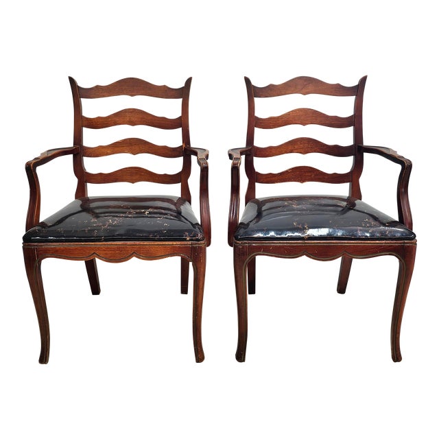 Pair of French Country Mahogany and Upholstered Ladderback Armchairs For Sale