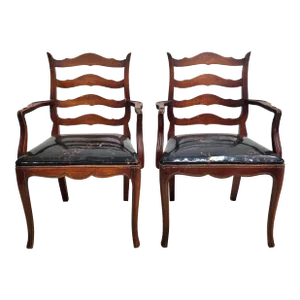Pair of French Country Mahogany and Upholstered Ladderback Armchairs