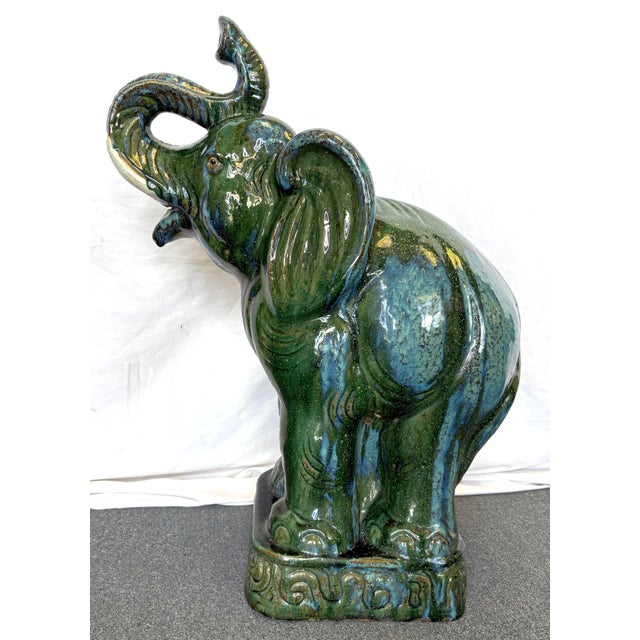 Hollywood Regency 1970's Hollywood Regency Large Green Glaze Ceramic Elephant Symbolizing Good Fortune and Positive Energy For Sale - Image 3 of 14