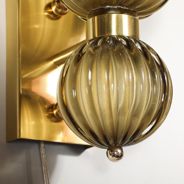 Pair of Modernist Hand-Blown Murano Fluted Glass Sconces in Frosted Smoked Topaz For Sale - Image 17 of 18