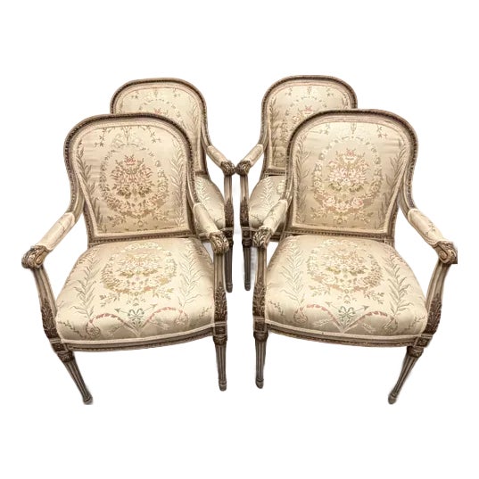19th Century French Louis XVI Polychrome & Parcel-Gilt Armchairs, Set of 4 For Sale