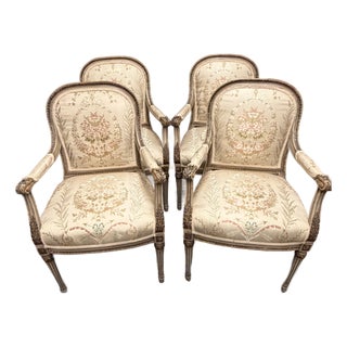 Set of 4 19th Century French Louis XVI Style Armchairs, Original Polychrome & Parcel Gilt, Circa 1890 For Sale