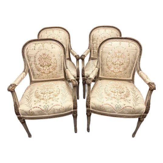 Set of 4 19th Century French Louis XVI Style Armchairs, Original Polychrome & Parcel Gilt, Circa 1890 For Sale