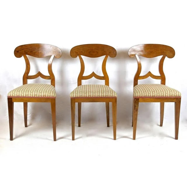 Gorgeous set of 6 Biedermeier so-called "shovel" dining chairs from the period around 1830. These high-quality chairs were...