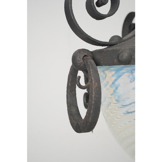 Mid 20th Century Mid 20th Century Restored Spanish Revival Wrought Iron Opalescent Glass Pendant Light For Sale - Image 5 of 12