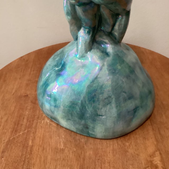 Tiffany Blue Vintage Art Deco Inspired Ceramic Iridescent Glazed Sculpture" Embracing Couple" Signed Dated For Sale - Image 8 of 12