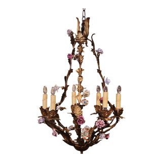 Early 20th Century French Painted Metal Chandelier With Porcelain Flowers For Sale