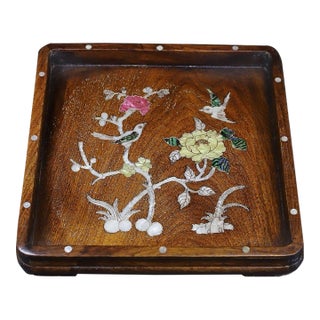 Square Wooden Tray With Mother-of-Pearl Bird and Floral Inlay For Sale