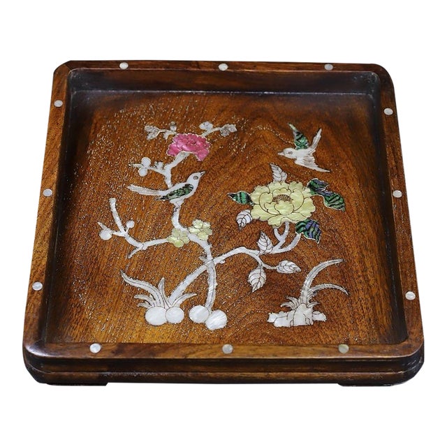 Square Wooden Tray With Mother-of-Pearl Bird and Floral Inlay For Sale
