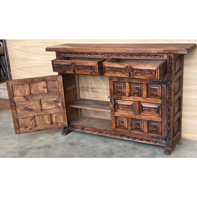 Wood 19th Spanish Baroque Carved Walnut Tuscan Two Drawer Credenza or Buffet For Sale - Image 7 of 9