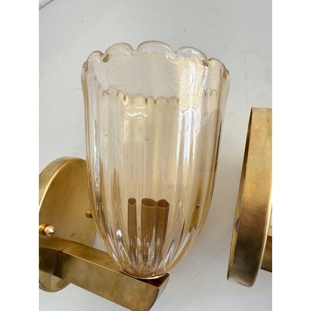 Italian Art Deco Style Brass and Murano Glass Wall Sconces, 1990s, Set of 2 For Sale - Image 9 of 12