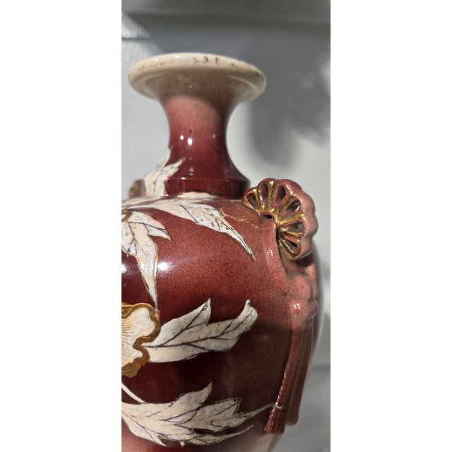 Brown Pair of Antique Japanese Satsuma Moriage Peony Vases 19th C Expertly Restored For Sale - Image 8 of 8
