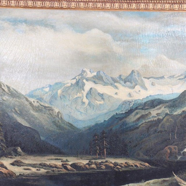 Monumental Antique Hudson River School Oil On Canvas Painting Of Pacific Northwest Mountain River Scene With Original Gilt...
