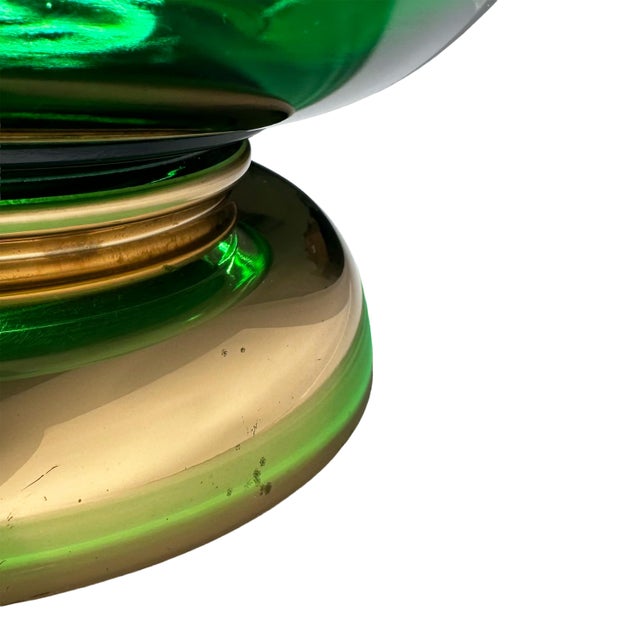 Metal Vintage Mid Century Modern Green Glass Bowl With Gold Base For Sale - Image 7 of 8