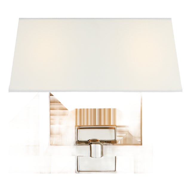 Chapman & Myers for Visual Comfort Signature Square Tube Double Sconce in Polished Nickel with Linen Shade For Sale