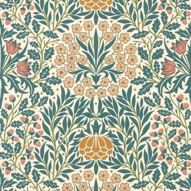 Morris & Co. Daisy & Oak Wallpaper in Madder/Teal- a sample For Sale