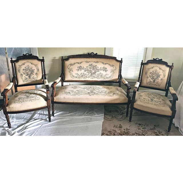 Wood French 19th Century Louis XVI Style (Three-Piece) Walnut Parlor Suite For Sale - Image 7 of 15