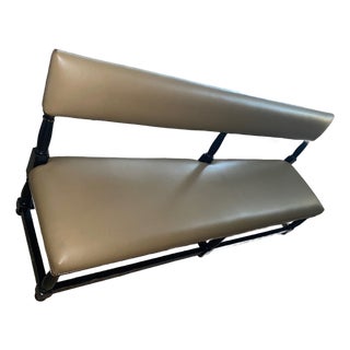 Large Custom Faux Leather & Walnut Bench Banquette For Sale