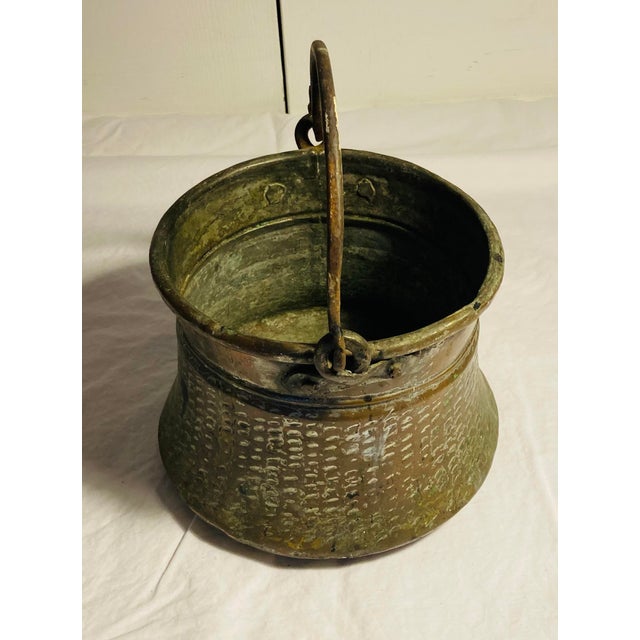 Antique Middle Eastern Copper With Tin Overlay Bucket Elaborate Etched Pattern Solid Iron Loop Handle Ending With Serpent Heads For Sale - Image 4 of 12