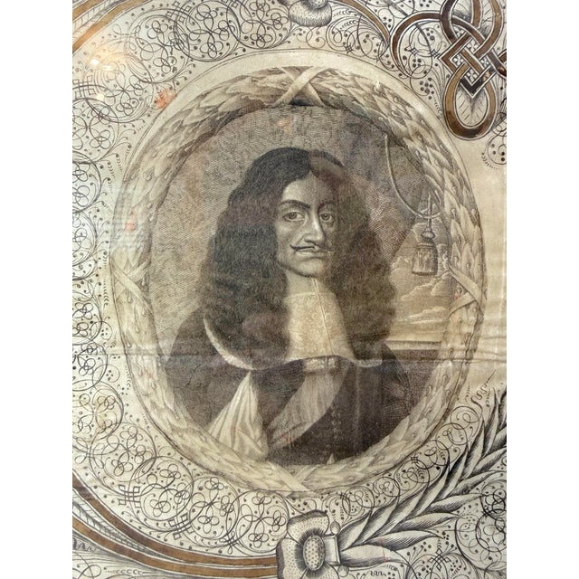 17th Century Rare Antique 17th Century Calligraphic Bust Portrait of Charles II of England For Sale - Image 5 of 16